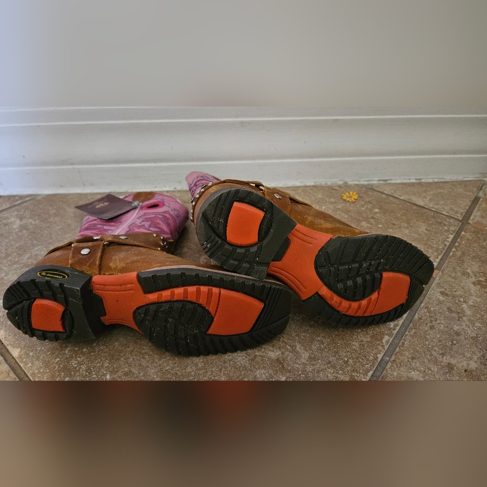 Brown and Pink Cowboy Boots with Orange Soles